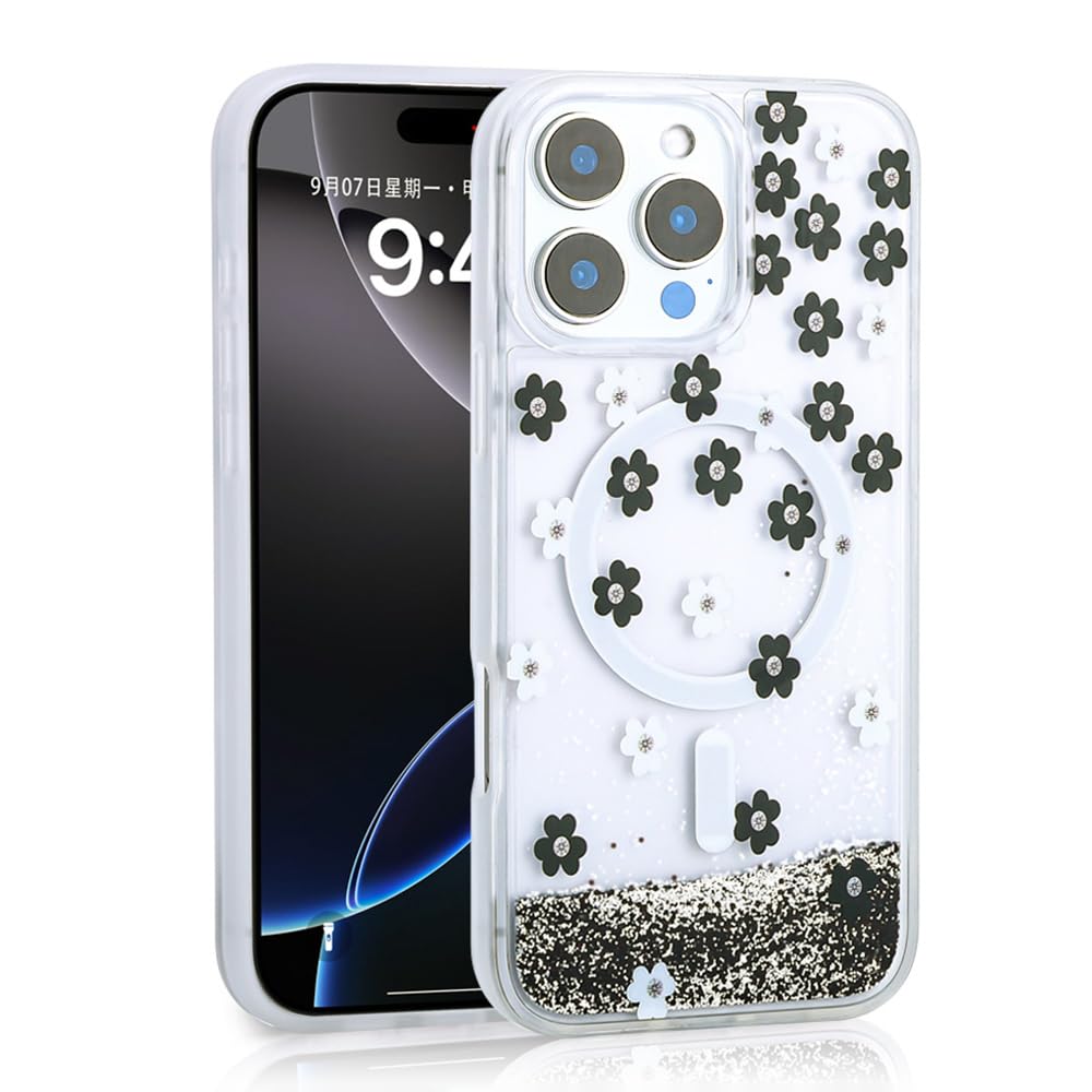 Zore Apple için uyumlu iPhone 15 Pro Max Kılıf Sıvılı Simli Baskılı Şeffaf Arka Yüzey Zore Mossa Silikon Kapak Siyah