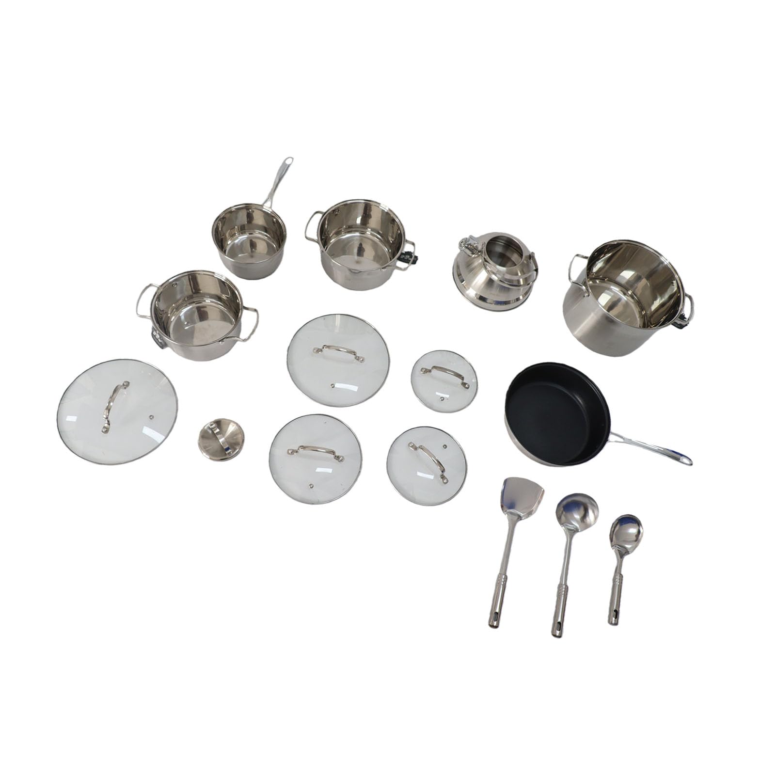 SIXRUN Juego de Utensilios de Cocina de Acero Inoxidable, Juego de Ollas y Sartenes de 15 Piezas con Tapas de Vidrio, 3 Cacerolas, Sartén, Olla para Leche, Utensilios de Cocina de Fondo Plano para