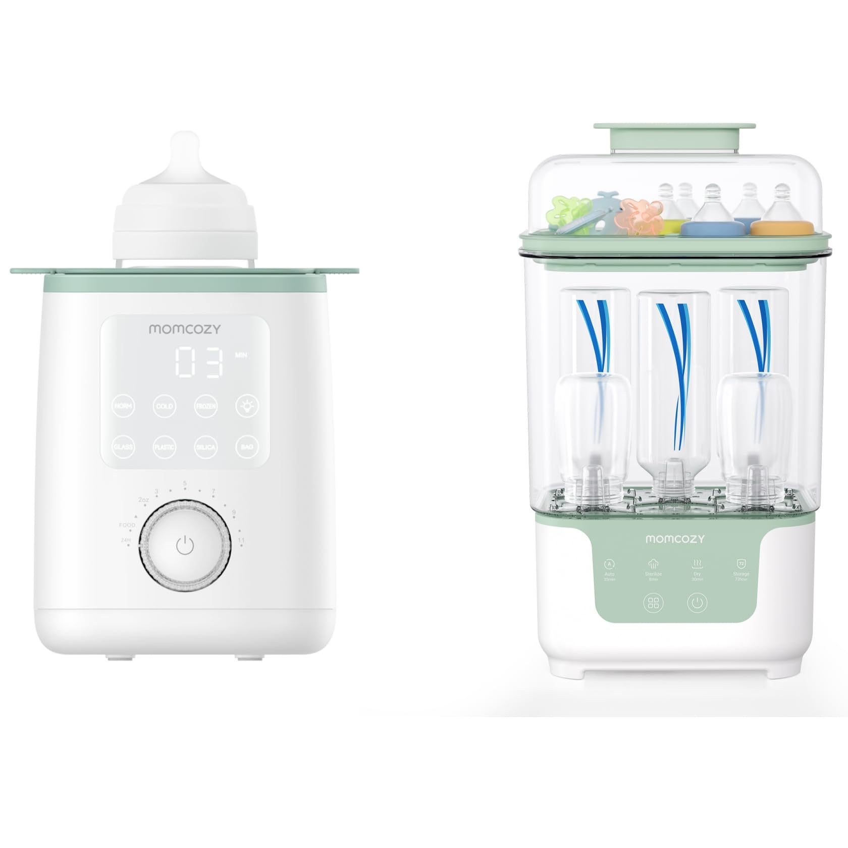 Momcozy Nutri-Flaschenwärmer Baby mit präziser Temperaturkontrolle & Nachtlicht & Elektrischer Dampfsterilisator & Trockner für Babyflaschen – Platzsparend, 6 Flaschen Kapazität