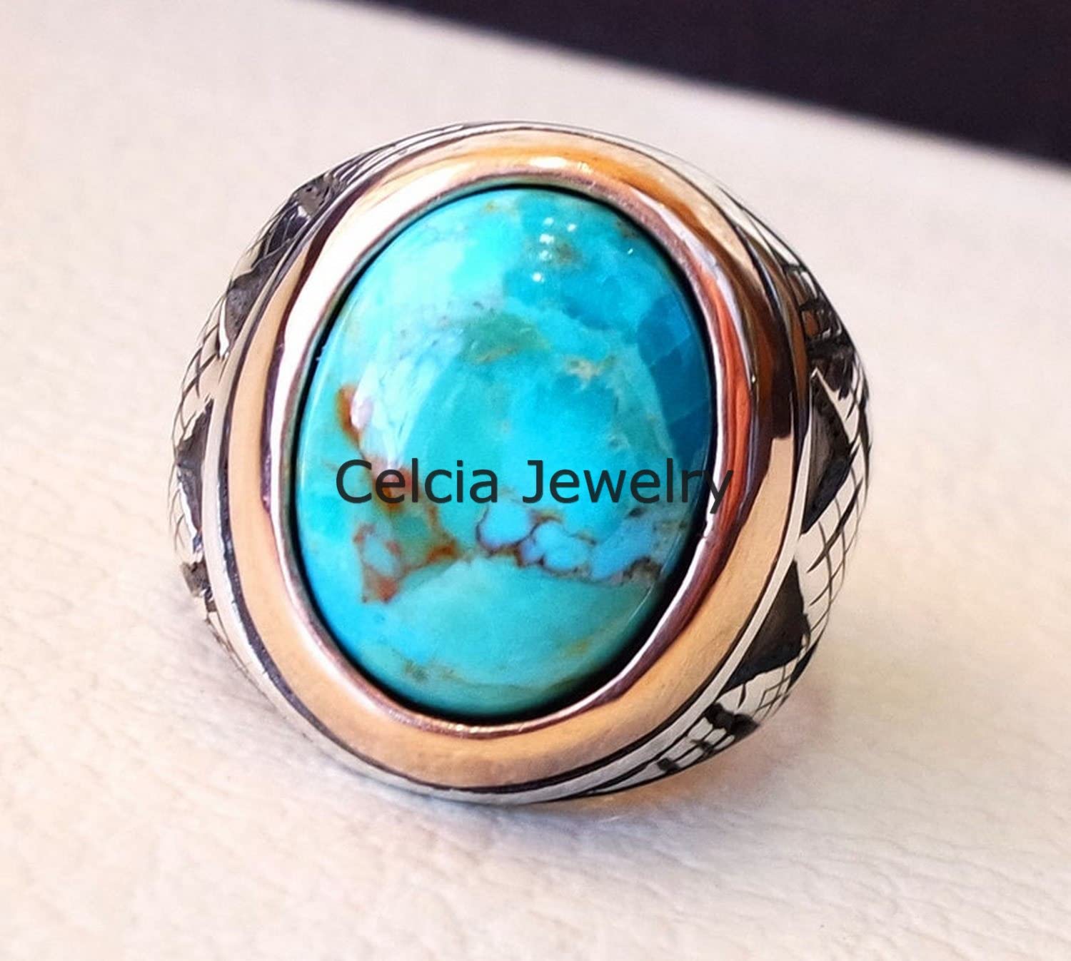 Anello ovale cabochon con pietra preziosa blu turchese dell'Arizona, anello semi prezioso in stile mediorientale, regali per la festa del papà, anello bicolore ossidato in argento (turchese Arizona)