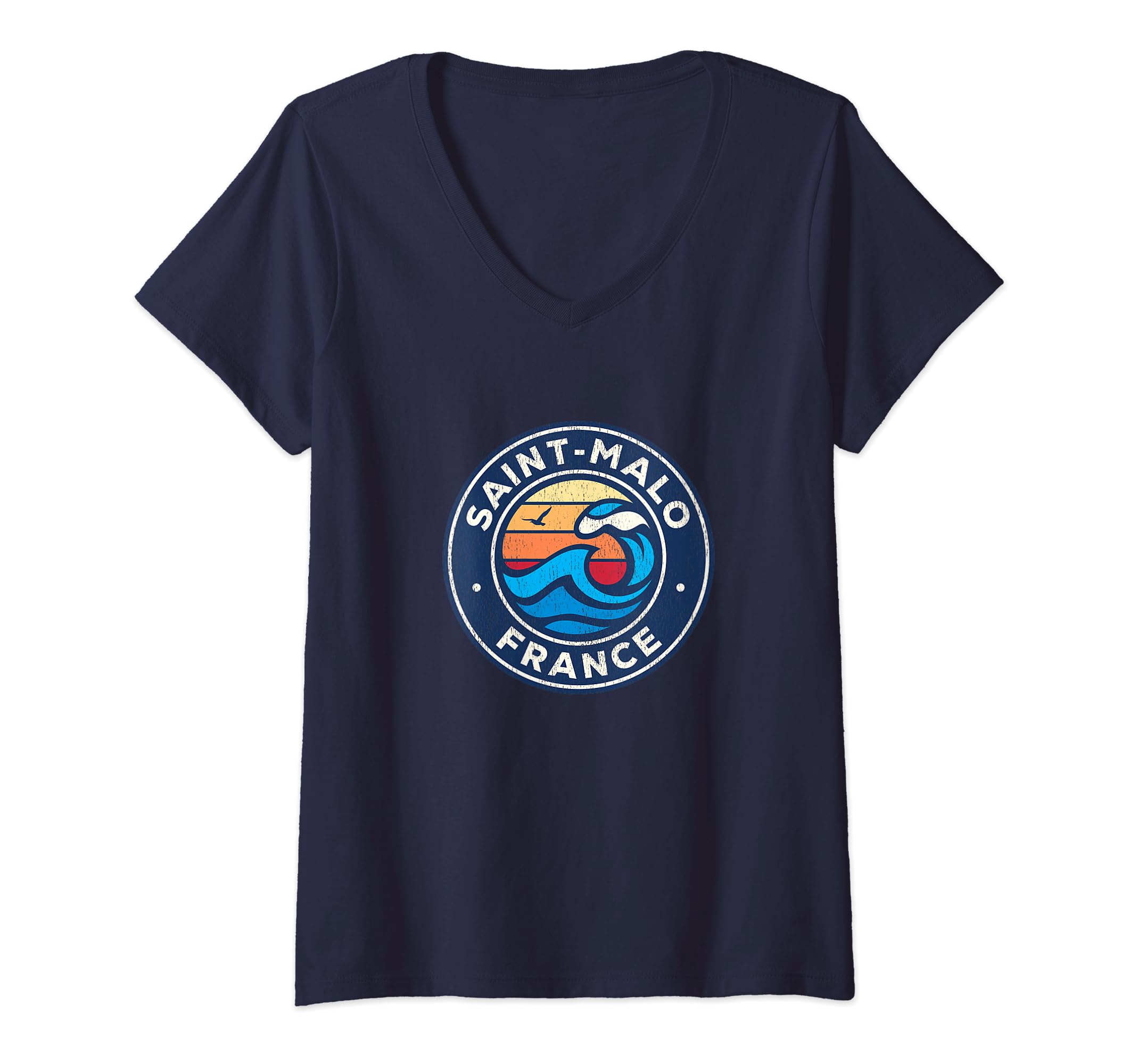 T-shirt Femme Saint-Malo Yacht Club Marina France - Col En V, Manches Courtes - Design Voile Bateau - Cadeau Pour Amatrice De Nautisme
