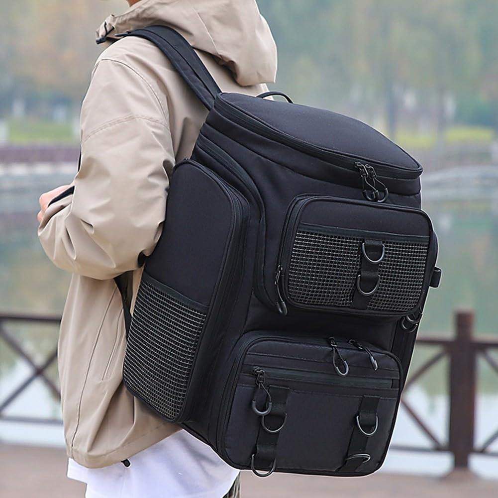 Mochila de pesca impermeable con almacenamiento robusto y soporte de caña para exploración al aire libre (negro)