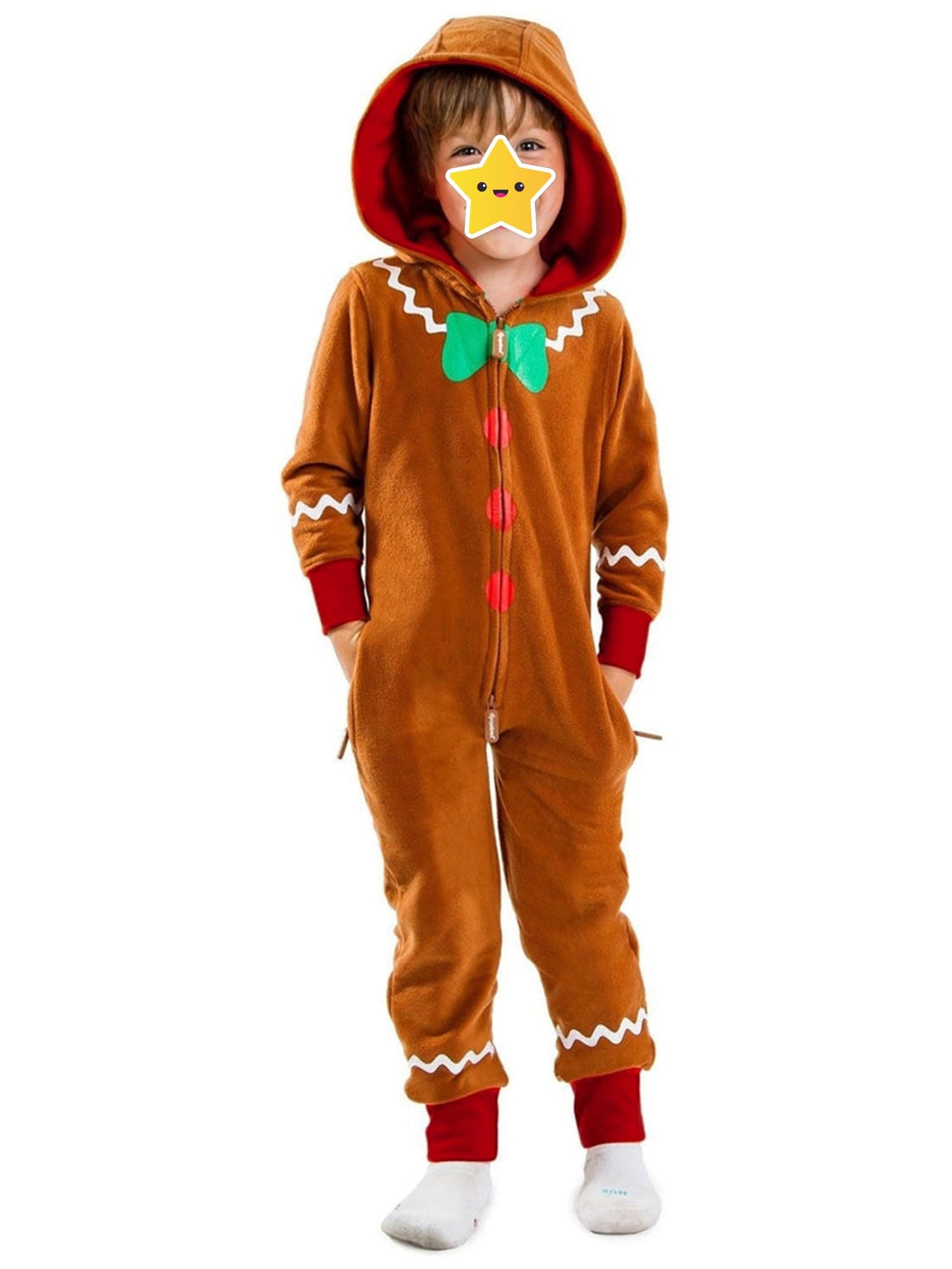 Acrawnni Adult Christmas Costume Gingerbread Long Sleeve Zipper Hooded Jumpsuit for Men Women Party Role-playing Cosplay (Kid, 9-10 Years, B-Brown Kids)