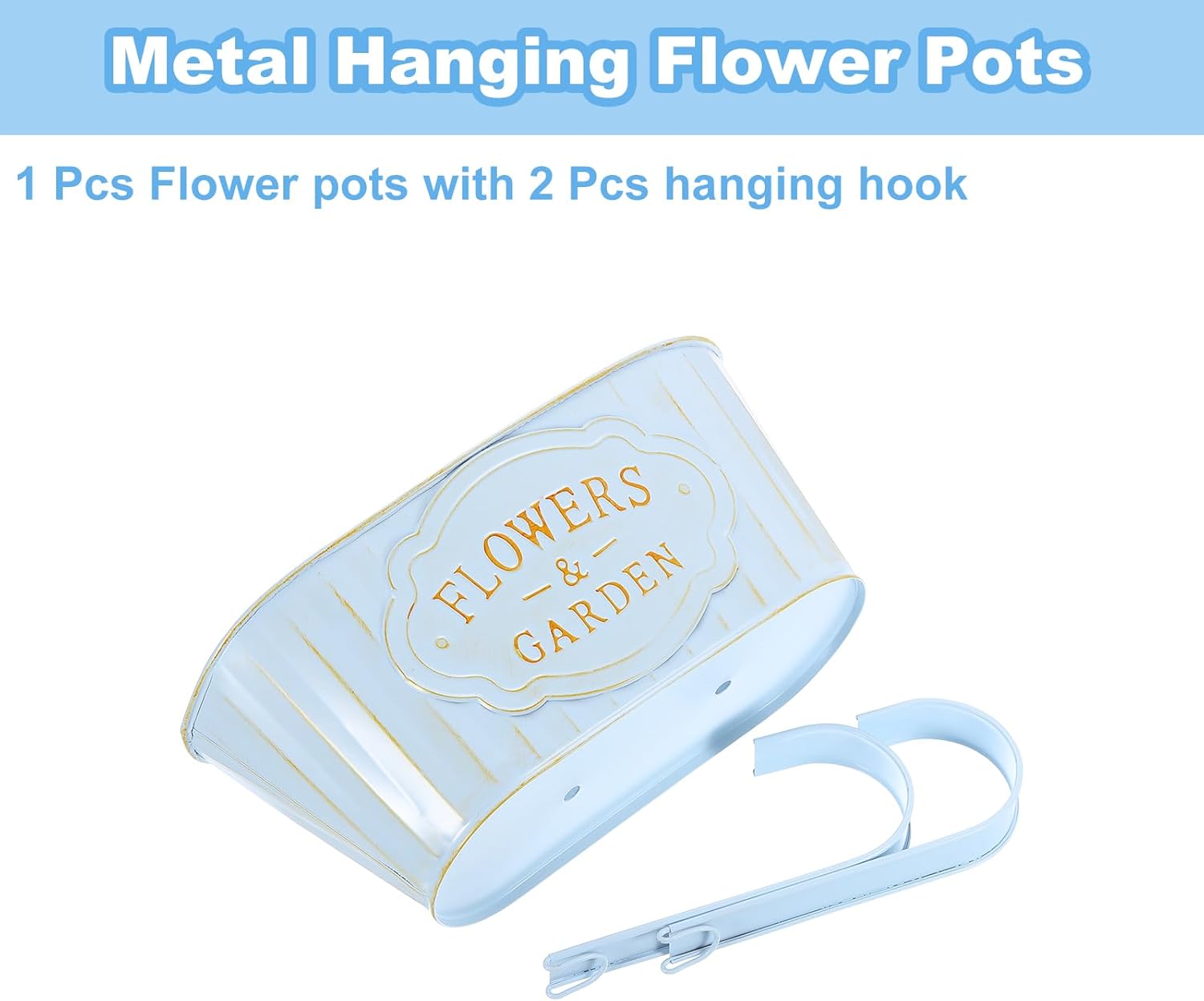 uxcell 5Pcs Metal Hanging Flower Pots for Railing Fence, 11" Railing Planter Box with Detachable Hooks Drainage Holes for Outdoor Plants Balcony Window Deck Garden Porch Home Decor, Blue