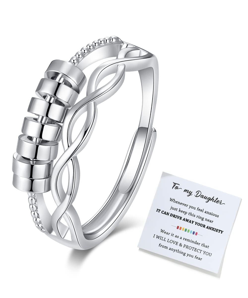 JunXin To My Daughter Fidget Ring for Anxiety, Fidget Rings for Anxiety for Women, Adjustable Stacking Anxiety Relief Rainbow Fidget Ring Jewelry Gifts