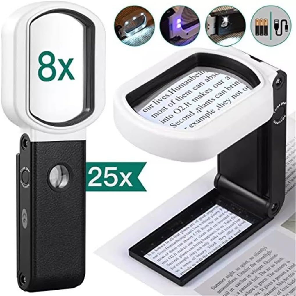 Rechargeable Handheld Standing Magnifier with Lighted Magnifier for Reading Check Jewelry Scan