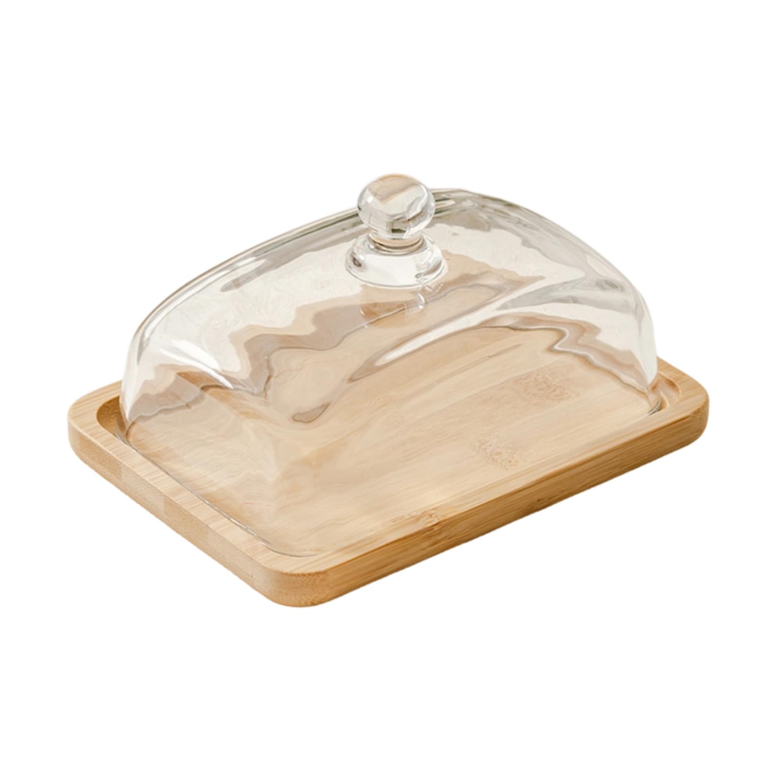 SHINLHUA Wooden Square Cake Dome Tray with Glass Cover for Elegant Dessert Display Butter Tray for Countertop and Fridge Storage Natural Wood Serving