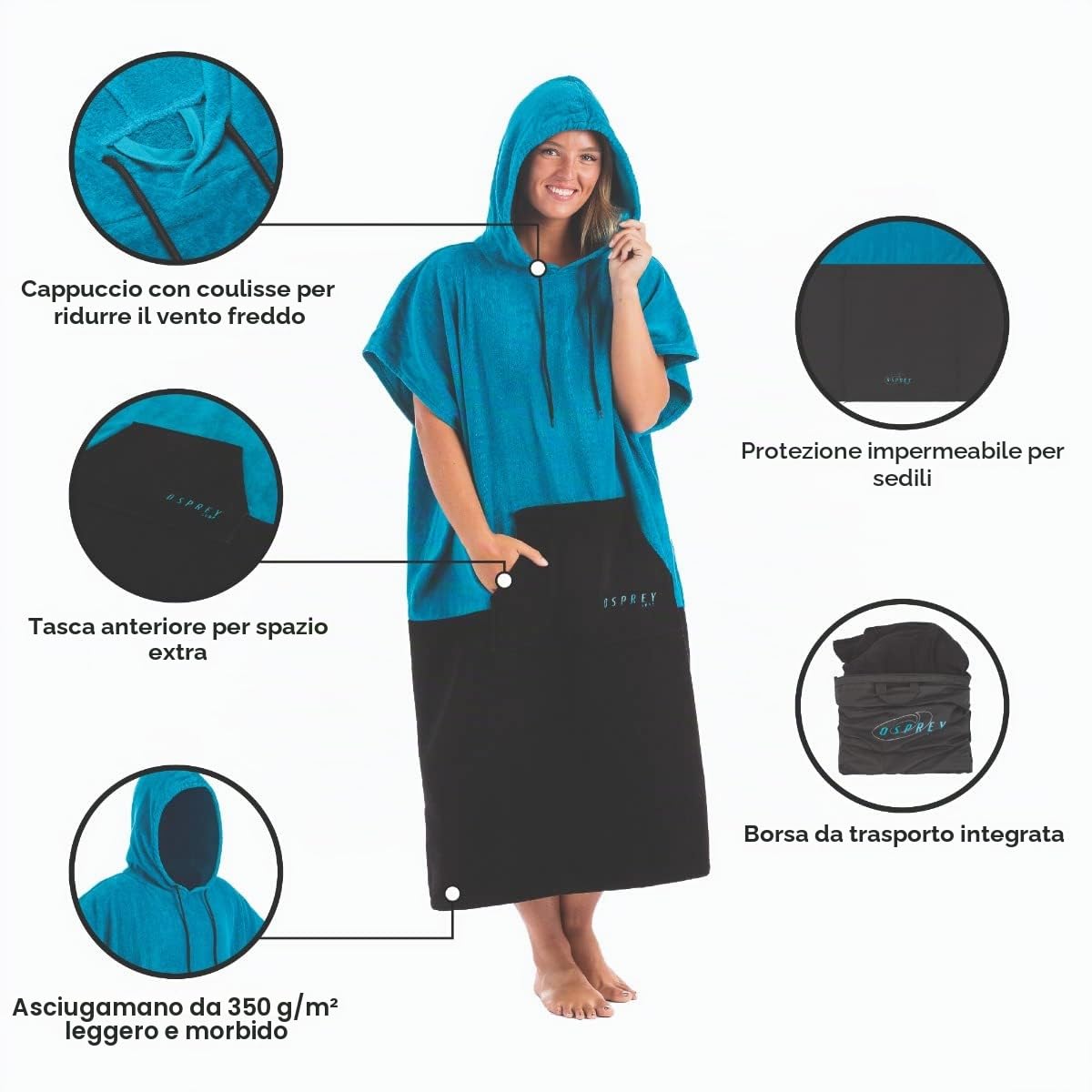 Osprey Poncho asciugamano unisex con cappuccio, poncho da surf, accappatoio da spiaggia per uomo e donna, con design a scomparsa, diversi colori