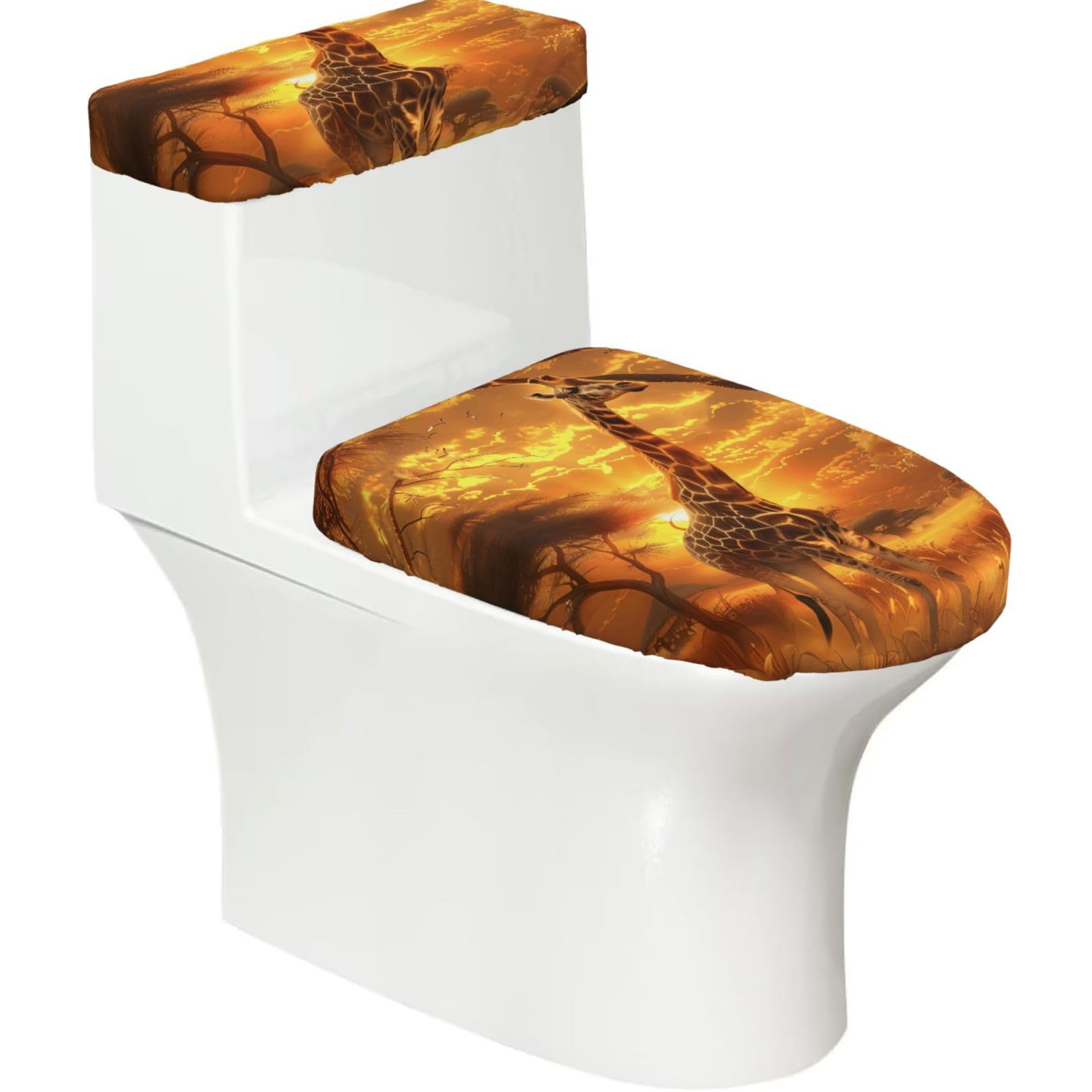 X Psblty Giraffe Toilet Seat Cover Set 2 Piece Bathroom Decor Toilet Lid Cover With Tank Top Cover Stretch Fit Soft Fabric For Home 15-21 Inch