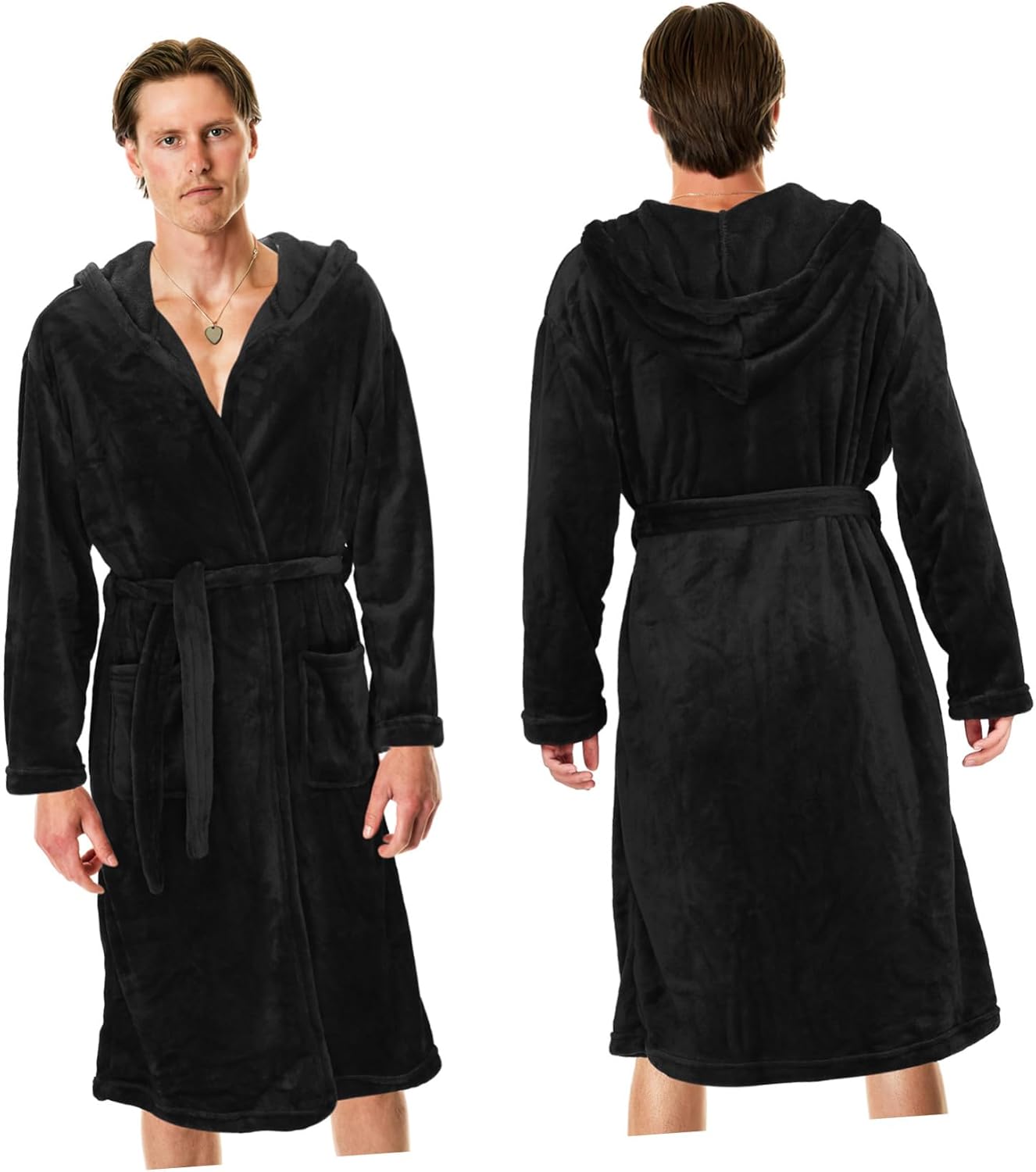 LIFKOME Men's Hooded Bathrobe Lightweight Polyester Long Towel Robe with Pockets Warm and Wear-resistant Spa Bathrobe for Bedroom and Dorm Classic Black
