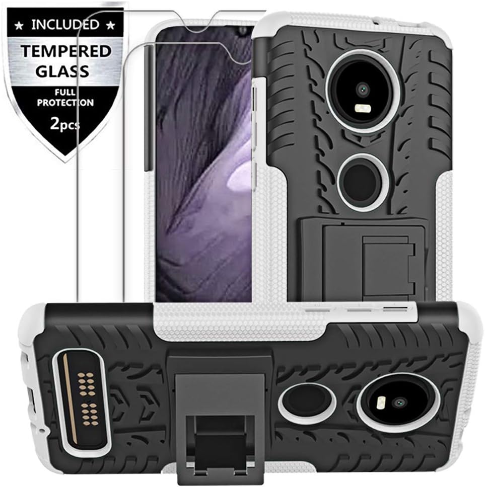 Moto Z4 Play Case,Moto Z4 Case with 9H Tempered Glass Screen Protector [2 Pack] SunRemex Kickstand Phone Case and Resilient Shock Absorption for Motorola Moto Z4 Play Phone (White)