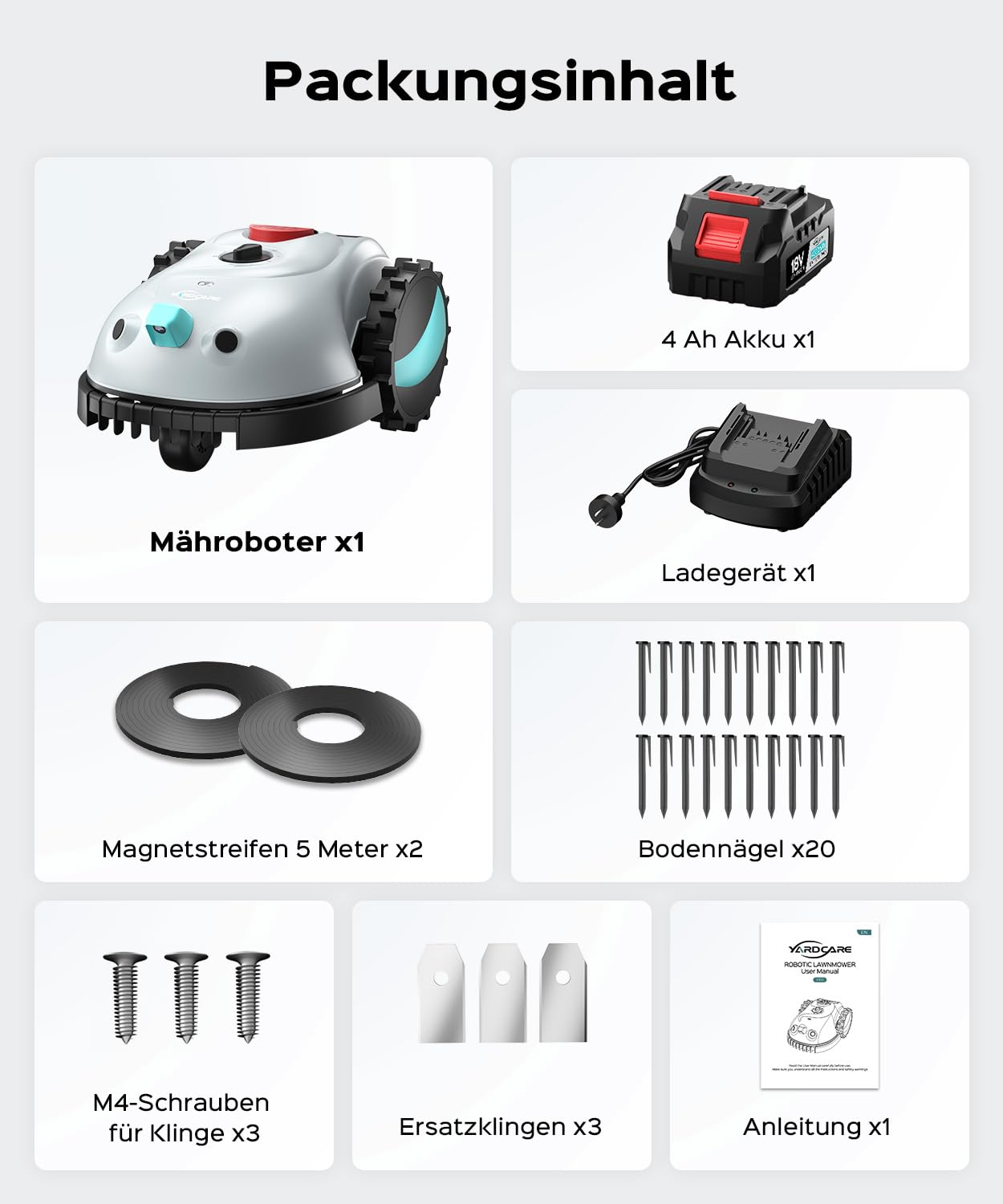 (2026 Neu) YARDCARE V100 Mähroboter ohne Begrenzungskabel, mit Vision-Navigation, Hindernisvermeidung(150 Arten), 4,0 Ah Akku Rasenmäher Roboter, Rasenroboter mit Magnetband, Ersatzklingen