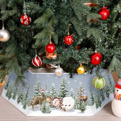 Realspring Christmas Tree Collar Elk Snowman Winter Tree Skirt Christmas Tree Stand Base Cover Christmas Tree Mat Box for Christmas Xmas Tree Decorations Winter Holiday Party 31.4 Inch