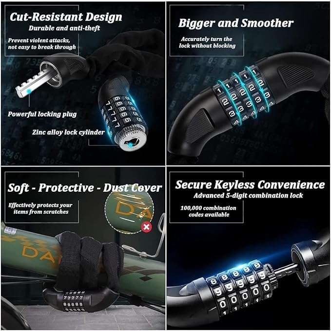 Image of Bike Lock: 5 Digit Combination Bike Chain Lock High Security Anti Theft - 3.2ft (0.97m) Heavy Duty Bicycle Lock for Bike Scooter - 6mm Thick