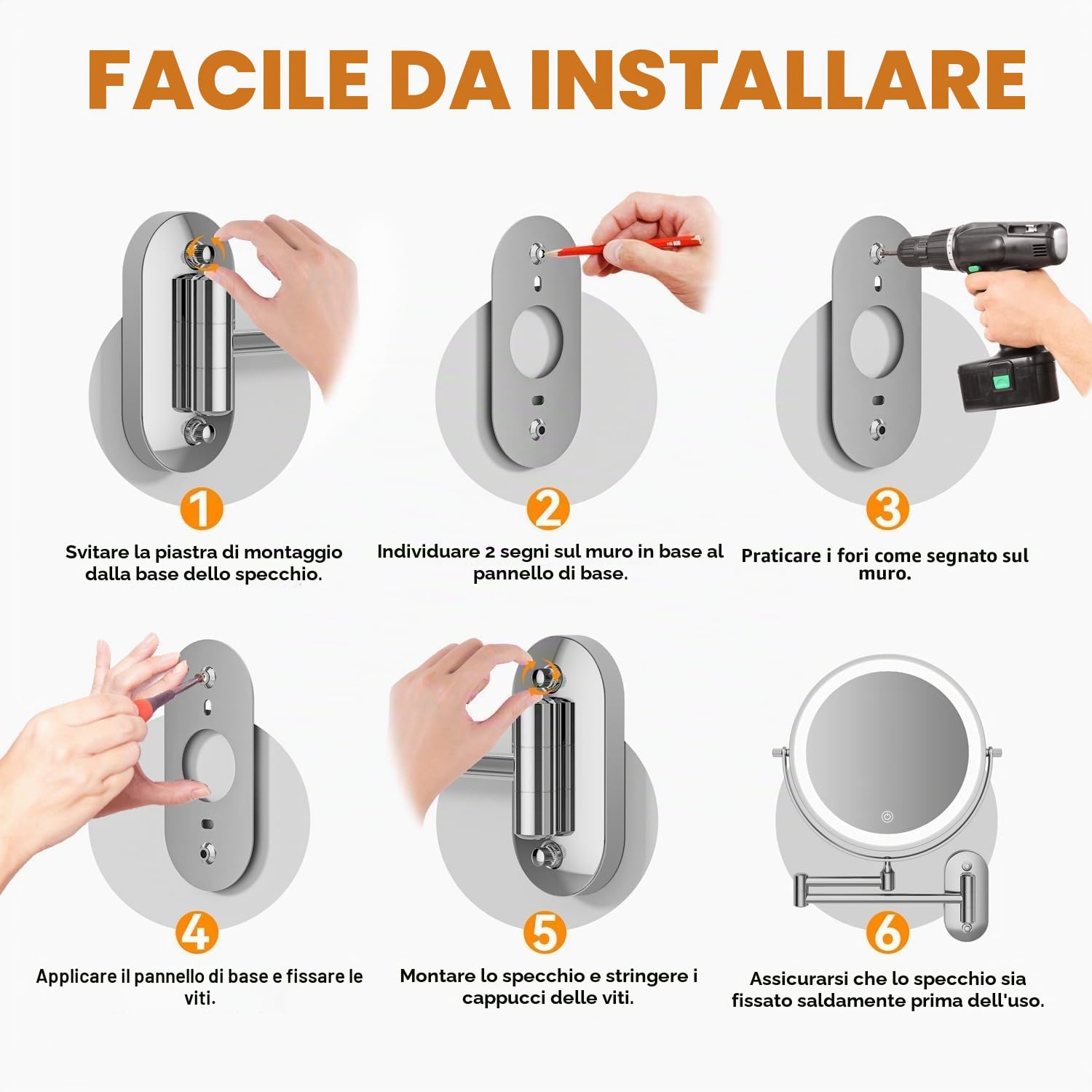 Auxmir Specchio Trucco con Ingrandimento 30X/1X, Specchio da Parete a 54 LED 3 Colori di Luce, Specchio Estensibile, Rotazione a 360°, Alimentato da Batterie Ricaricabile 3200mAh, per Bagno Hotel Spa