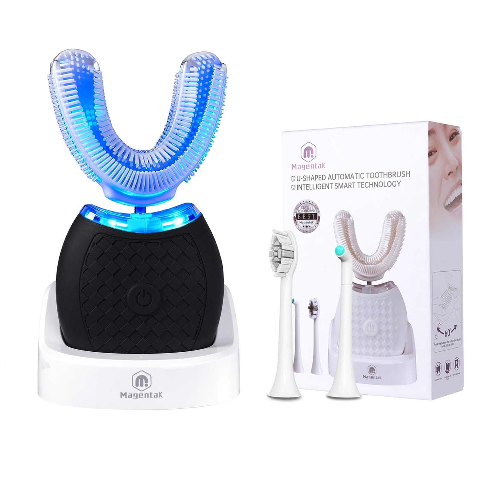 Ultrasonic U-Shaped Toothbrush for Teeth Whitening, Electric Toothbrush for Adults 360-degree Cleaning,3 Brush Heads, Wireless Charging and IPX7 Waterproof Kit for Travel or Home(Black)