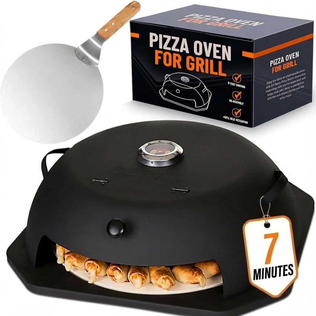 HeatGuard Pro Geras Pizza Oven for Grill - Grill Top Pizza Oven For Outdoor Camping - Pizza Stone, Pizza Peel Kit - Portable Backyard BBQ Pizzas Maker Charcoal, Pellet, Propane Gas Wood Attachment