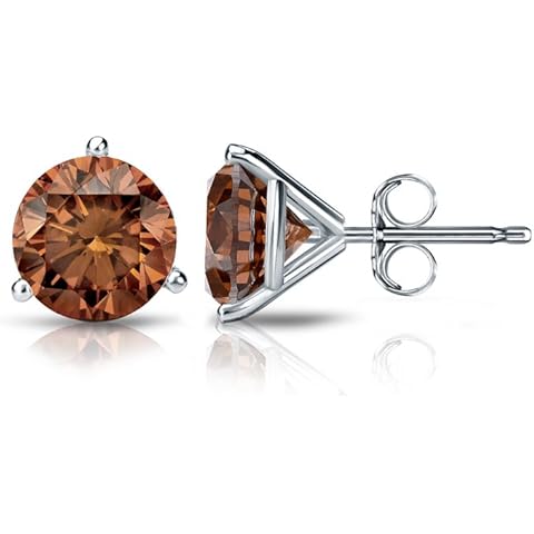 Platinum Round Brown Diamond 3-Prong Martini Stud Earrings (1/4-2 ct, Brown, SI2-I1) Push-Back