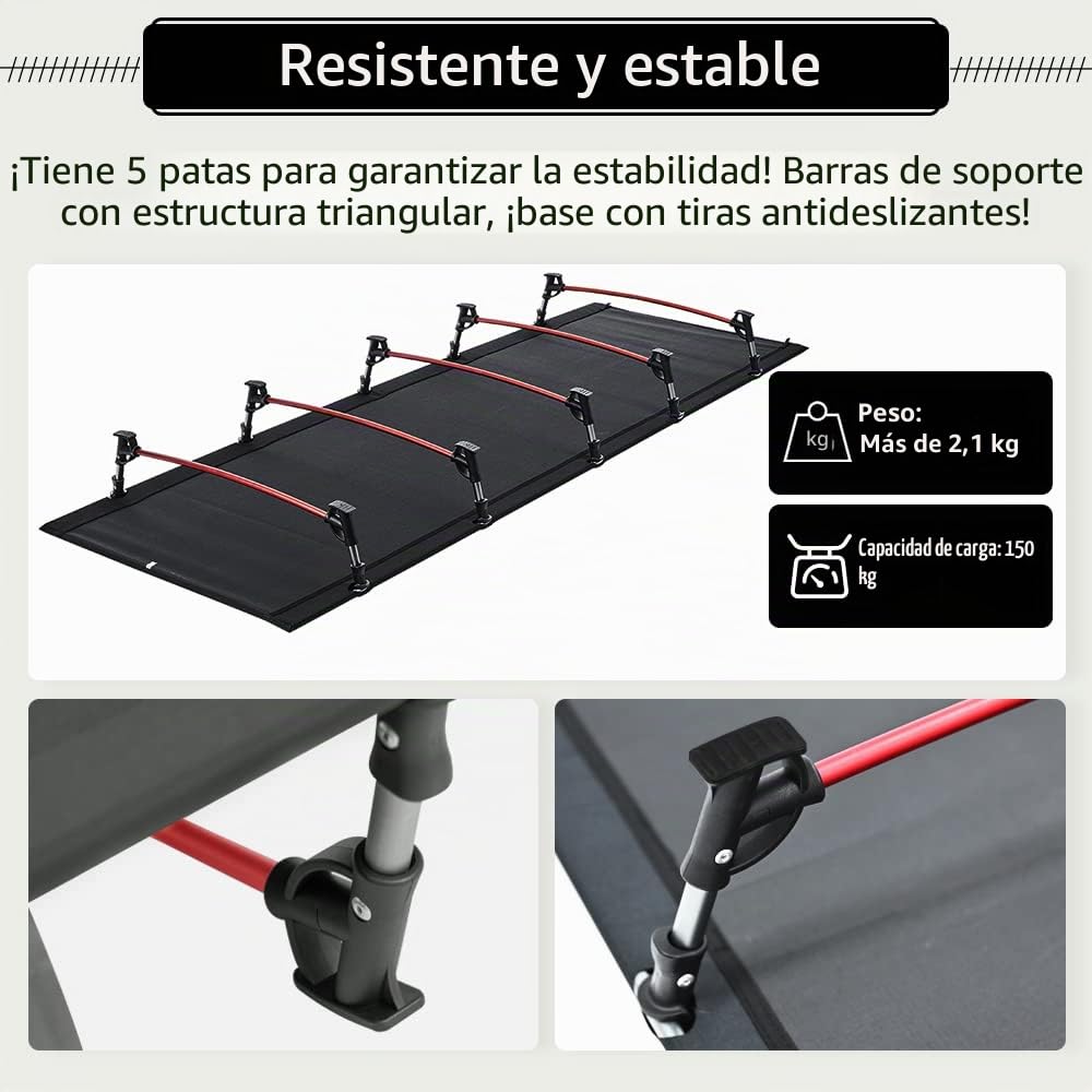 TOMOUNT Cama Plegable Ultraligera con Barras de Aluminio 190 x 70 cm compacta portátil fácil de Construir Resistente Cama de Camping para Tiendas de campaña Senderismo al Aire Libre, Color Negro