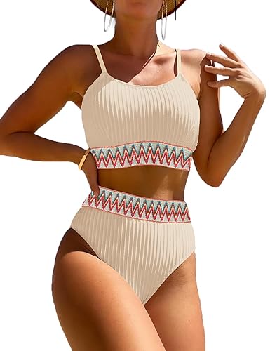 Zuvebamyo Women's High Waisted Swimsuit Two Piece Ribbed Bikini Sets Crop Top High Cut Cheeky Bathing Suits - X-Large - White