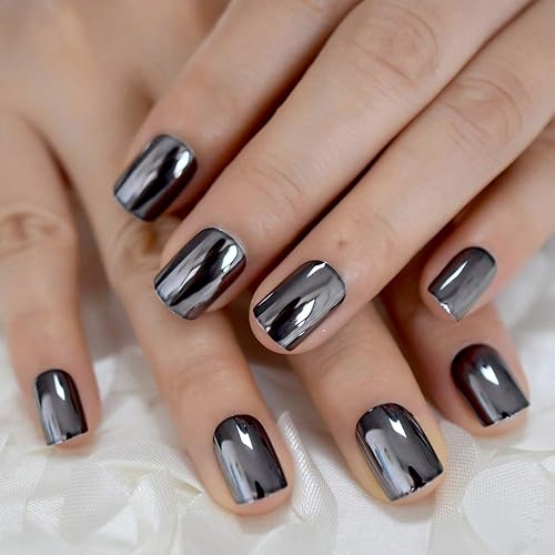 Miniatura 6 de CoolNail Uñas postizas acrílicas francesas francesas de color gris ahumado oscuro con espejo reflectante chapado en metal con adhesivo adhesivo