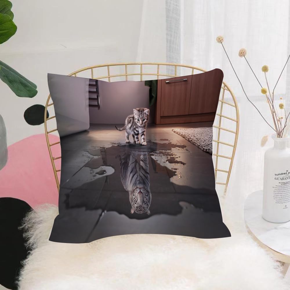 HYMSXW Cushion Cover,Throw Pillow Case Home Decorative for Living Room Bedroom Sofa Chair 20X20 Inch,Contrast image of white tiger phantom in kitten's reflection,Pillowcase 50X50cm
