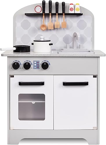 Lil' Jumbl Juego de cocina para niños, juguete de cocina de madera de simulación, configuración realista, incluye olla y sartén, 4 utensilios,