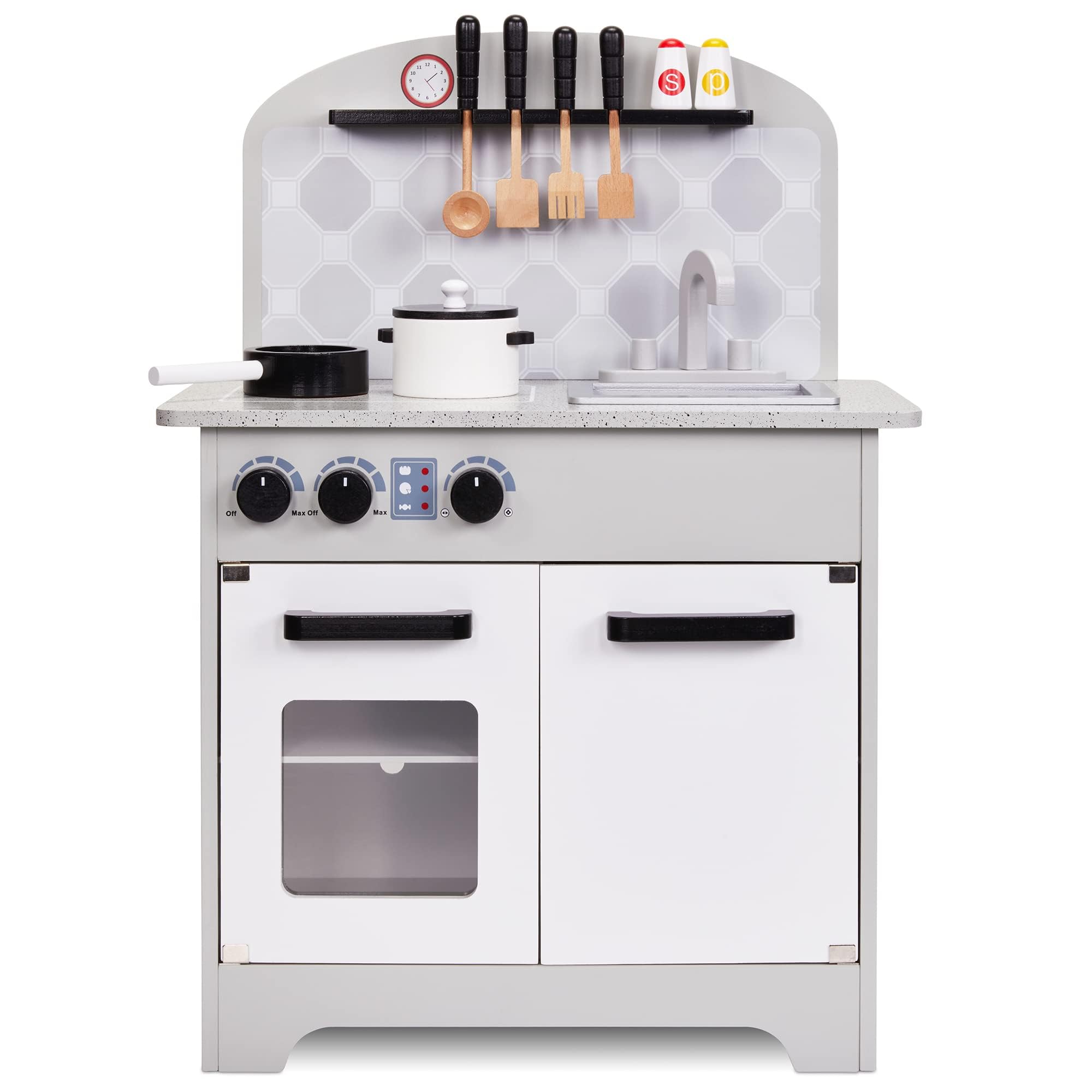 Kids Pretend Kitchen Playset, Pretend Wooden Play Kitchen Toy, Realistic Setup, Includes Pot & Pan, 4 Utensils, Salt & Pepper Shaker, Gray