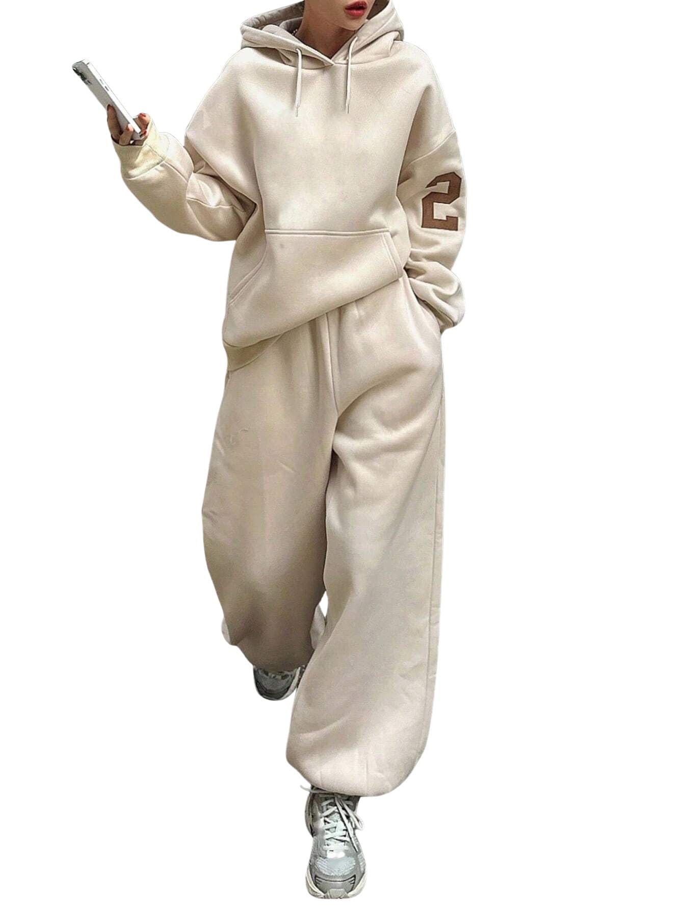sxv style Women Hooded Sweatshirt And Drawstring Hem Sweatpants Set, Casual-picture-12