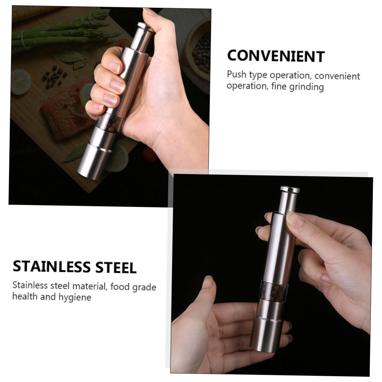 Handpfeffermühle aus Edelstahl mit Pressfunktion zum Mahlen von Schwarzem Pfeffer und Gewürzen Kompakt und Nachfüllbar für Küche