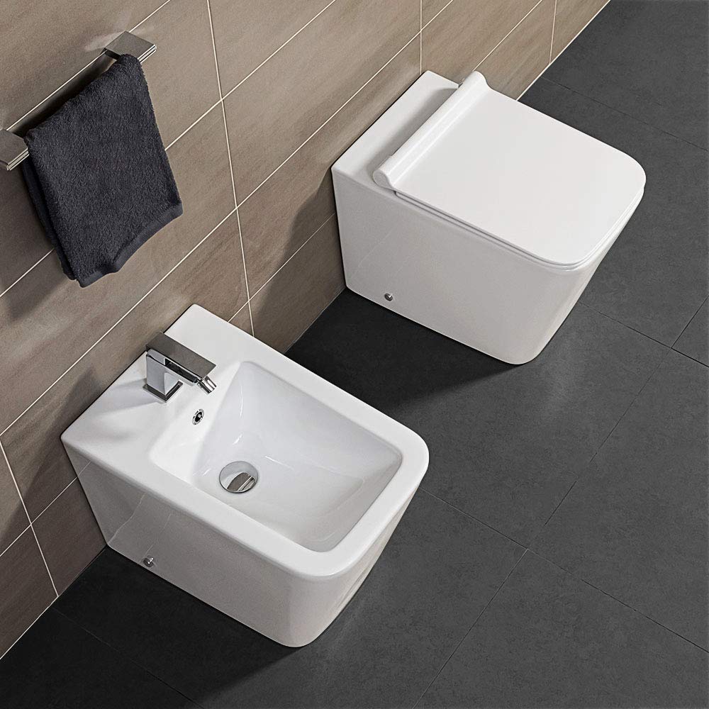 Coppia Sanitari Filo Muro o filoparete Rimless, Bianco, Design squadrato moderno, Completo di Copriwater con Chiusura Soft-Close (Bianco Lucido)