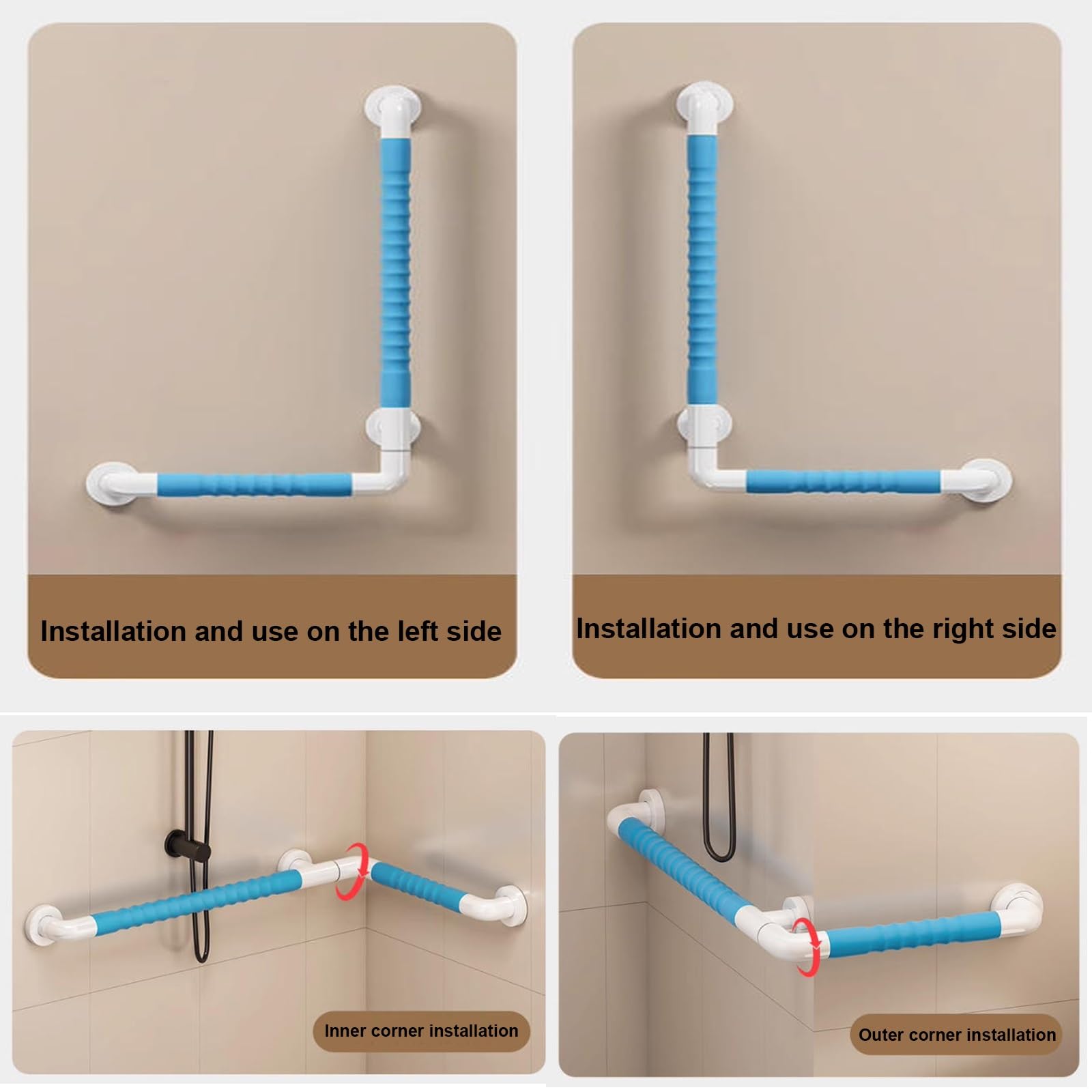 Barra de Apoyo en Forma de L para Ducha, Barras para Ducha, Montaje en Pared con Codo Giratorio y Anillo Luminoso, bañera, Cabina (Azul)
