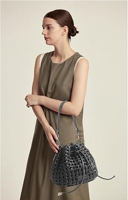 JINMANXUE Fashion Hollow Bucket Tote Bag For Women, Crossbody Female Handbag Woven Silk bag Leisure Leather Shoulder Bag
