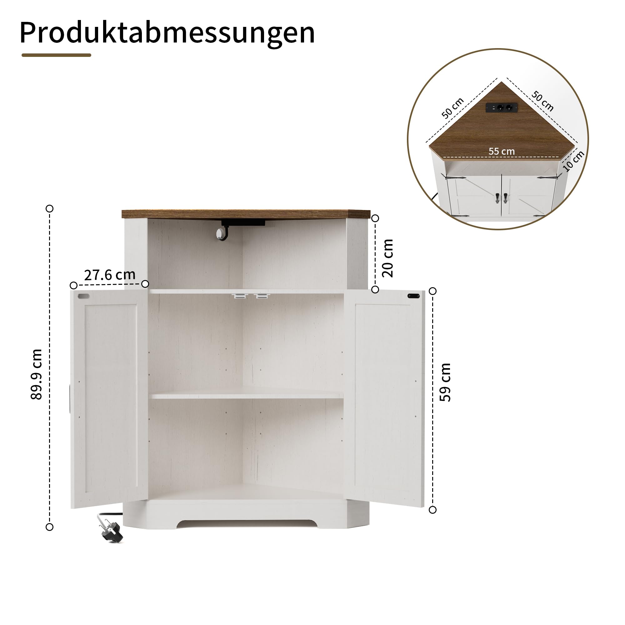 BonVache Eckschrank mit verstellbaren Fächern und offenem Stauraum, Schrank mit Steckdose, geeignet als Aufbewahrungsschrank für Wohnzimmer, Flur und Badezimmer, Weiß