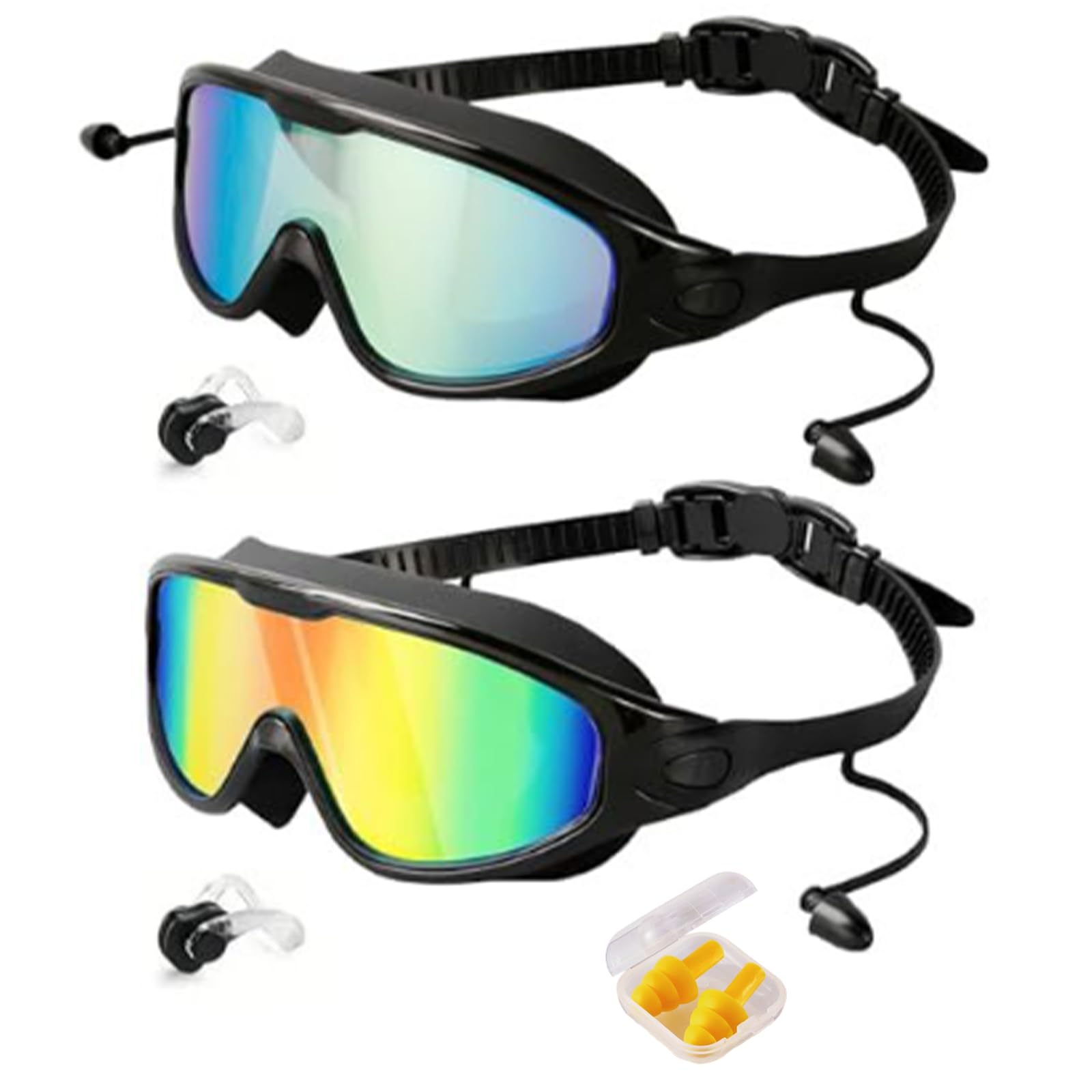 NNBWLMAEE My Cool Summer Goggles, No Leaking Swim Glasses for Men Women Youth, HD Large Frame Waterproof Anti-Fog Swimming Goggles with Ear Plugs Attached (Blue+Yellow)