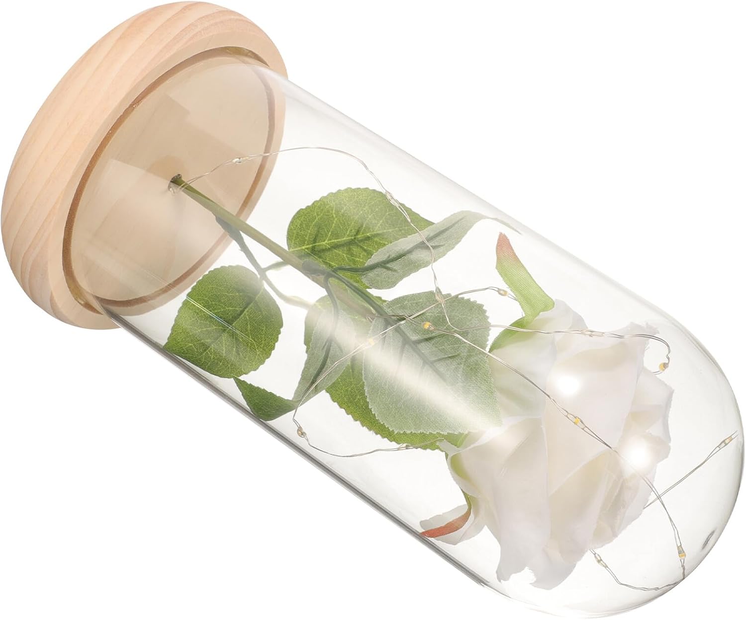 UPKOCH Preserved White Rose Flower Decor in Glass Dome with LED Light, Eternal Flower Ornament with Light-Colored Base for Home Decoration and Valentine’s Day