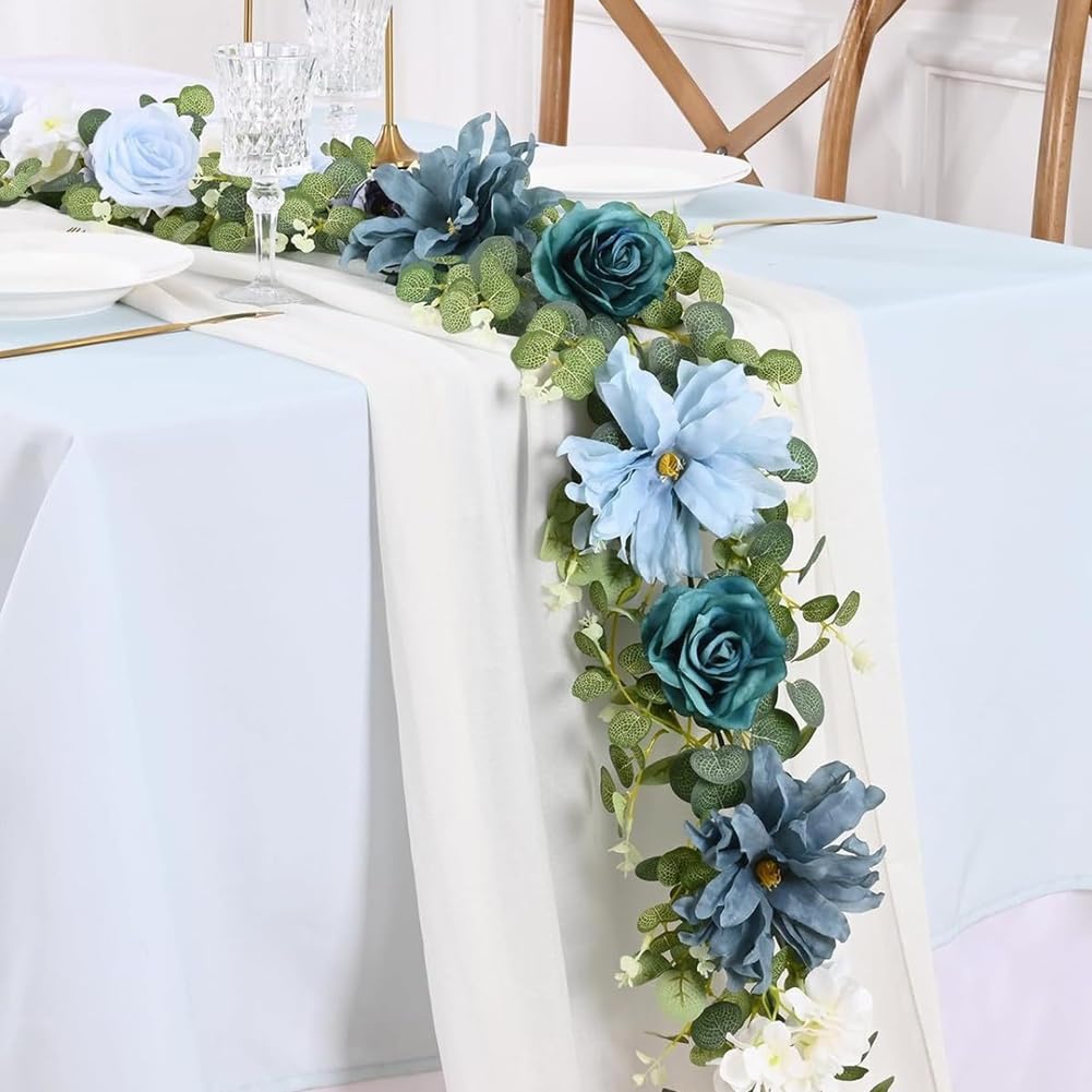 Girlanda ze sztucznych kwiatów, 200 cm, róże, kwiaty, winorośl z eukaliptusem, sztuczne kwiaty, dekoracja, wesele, dekoracja stołu, na wesele, do ogrodu, domu, na ścianę, stół, 4 sztuki