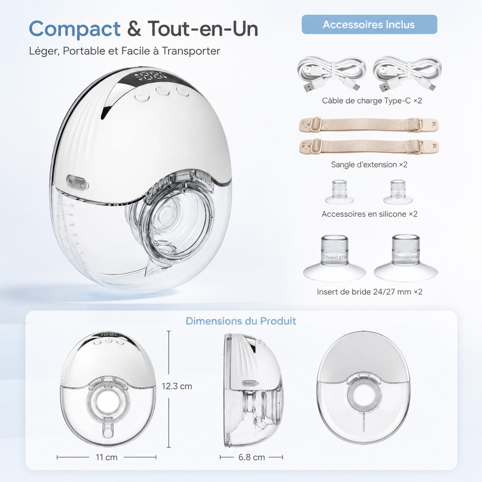 Tire lait électrique main libre - 24mm- 4 modes et 12 niveaux personnalisés - Type-C Écran LED - discret sans fil Lot de 2