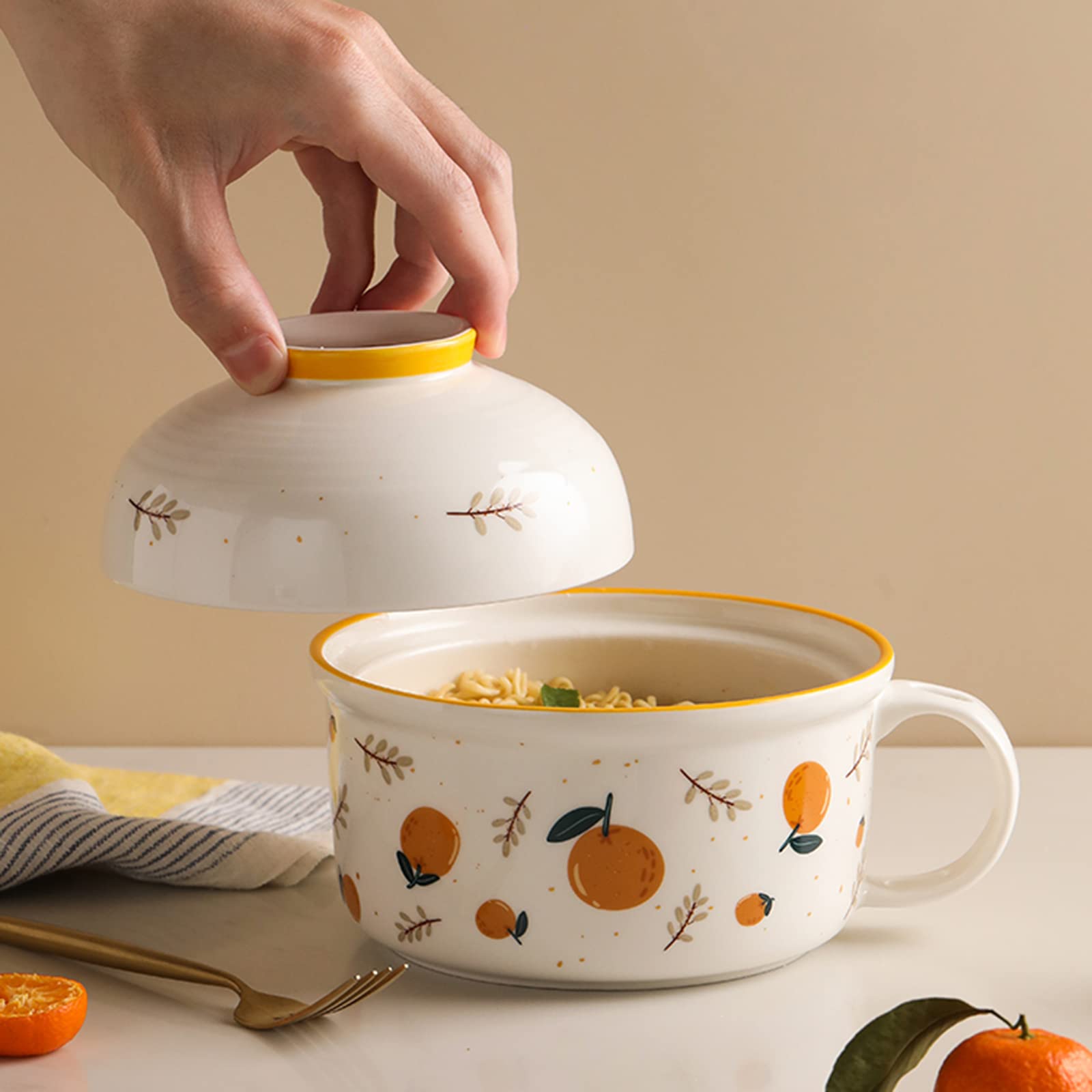 Ceramiczna Miska Na Makaron Instant, Śniadanie/Obiad Z Uchwytem I Pokrywką, Bezpieczna Do Mikrofalówki, Zupa, Sałatka, Płatki Zbożowe, Do Biura W Akademiku - 750 Ml + 390