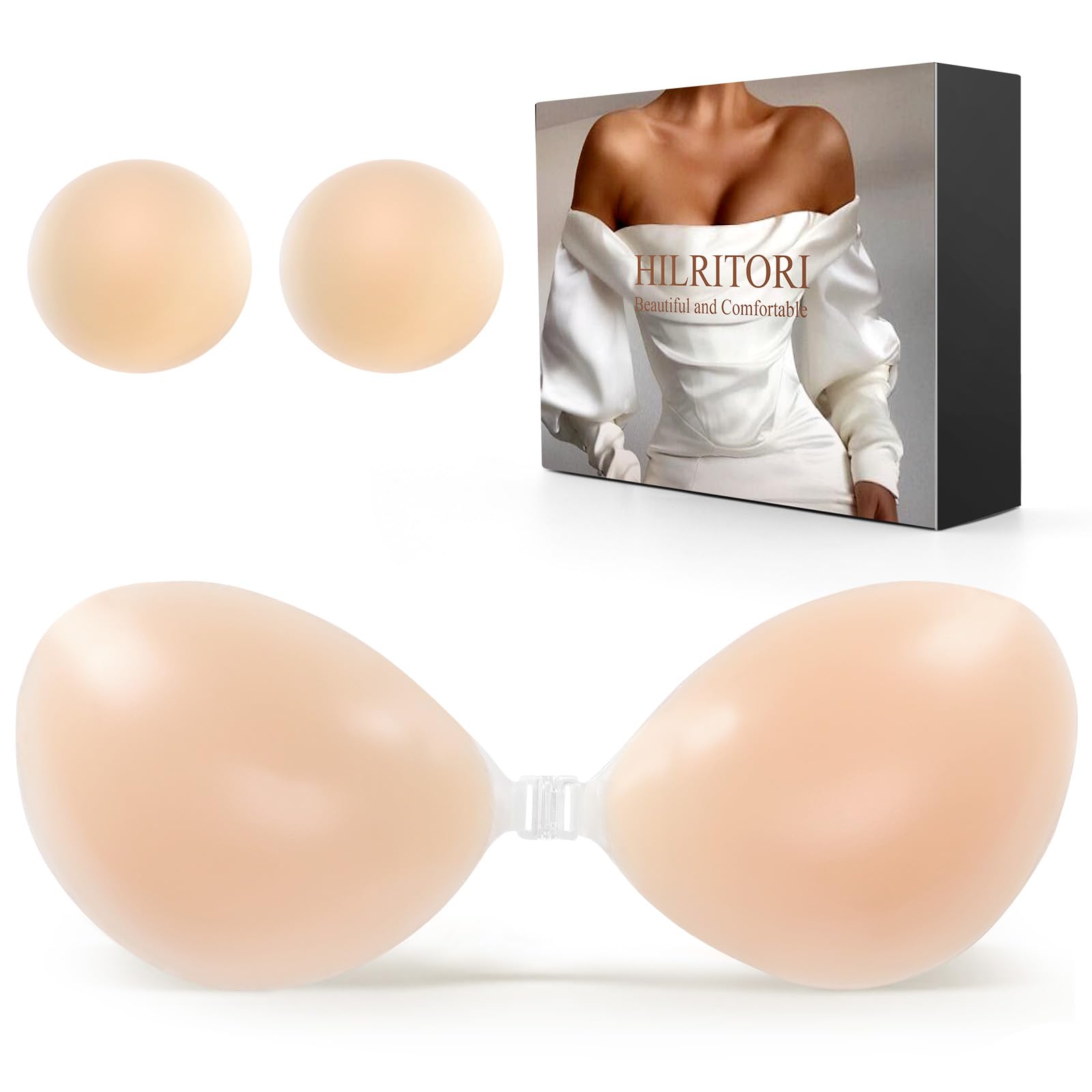 HILRITORI Sticky Bra Push Up Adhesive Bras Invisible Silicone Strapless Bra for Women with Nipple Covers, Nude, 30-38C