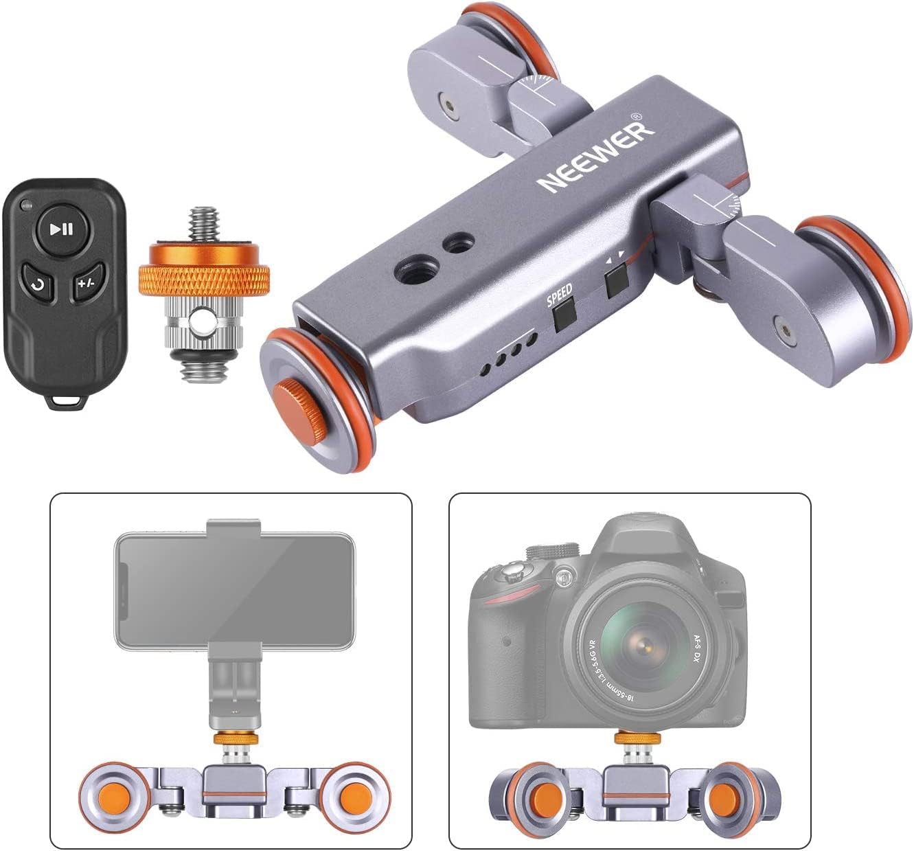 Neewer 3-Wheels Wirelesss Camera Video Auto Dolly, Motorized Electric Track Rail Slider Dolly Car with Remote, 3 Speed Adjustable for DSLR Camera Camcorder GoPro iPhone Android Phones (Silver)