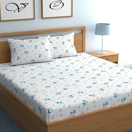 Aroma Brand- Summer King Size Elastic Fitted Cotton Bedsheet with 2 Pillow Cover Fits Upto 8 inch Mattress(72 * 78+8 inch) (White-Blue Flower)