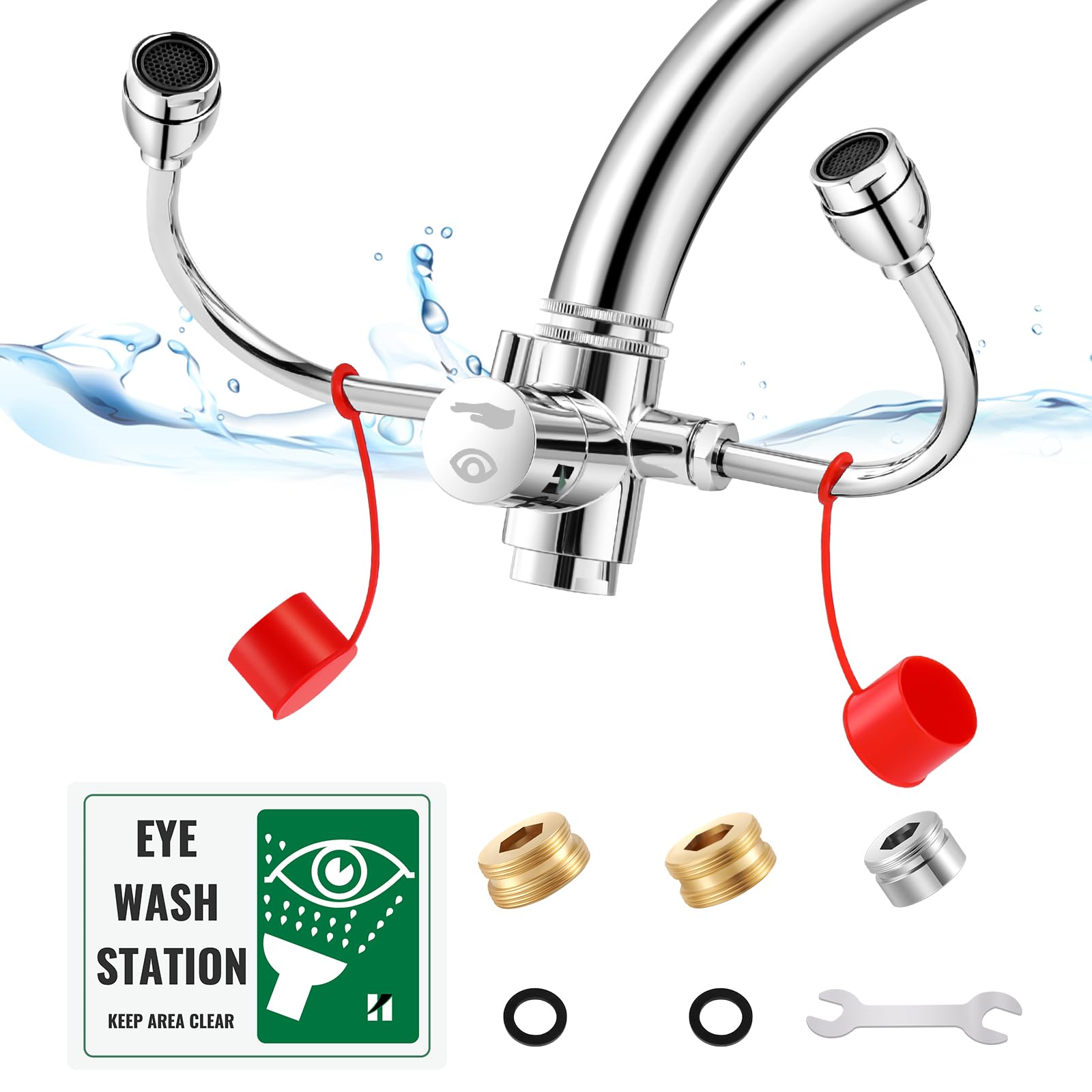 Huanyu Faucet Mounted Eyewash Station 360°Rotation Emergency Eye Wash Station Sink Attachment Adjustable Water Flow Direction First Aid Eye Wash Faucet for Lab Factory with 3 Adapters (Style C)