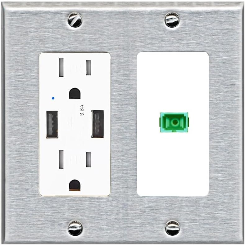 RiteAV 1 Port Fiber Optic Coupler Jack SC Simplex Singlemode APC Wall Plate - USB Charger Outlet [Stainless/Black]