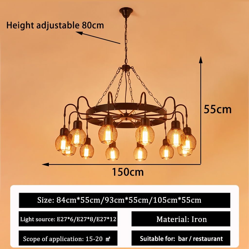 Żyrandol Retro E27 Lampa wisząca 8 świateł Żelazna Antyczne okrągłe metalowe lampy Rustykalne lampy sufitowe Czarne wykończenie