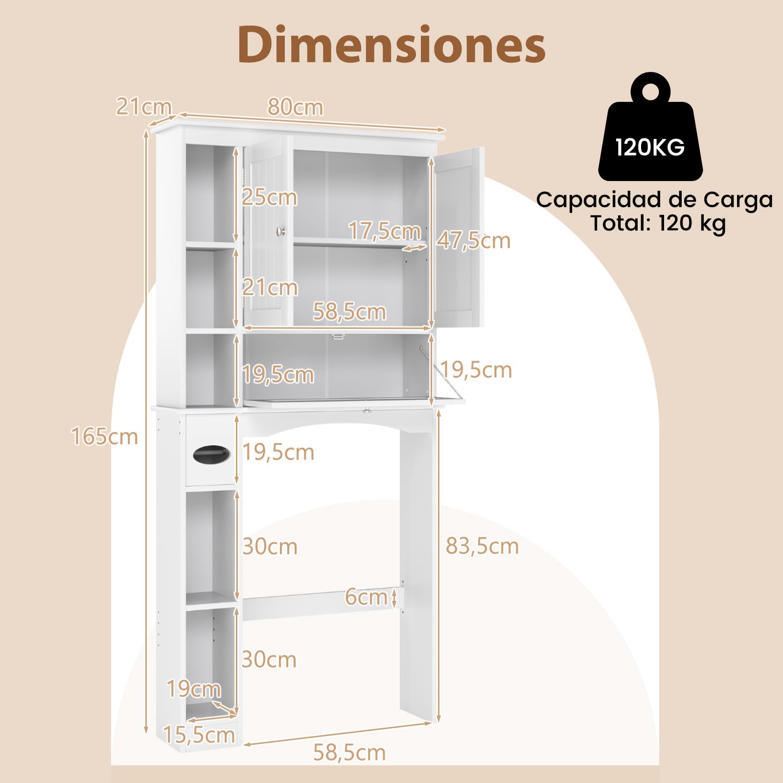 COSTWAY Armario de Almacenamiento sobre el Inodoro, Estantería con 3 Puertas y 6 Compartimentos, Estante Ajustable, Soporte para Papel Higiénico, Organizador Que Ahorra Espacio para Baño, Blanco