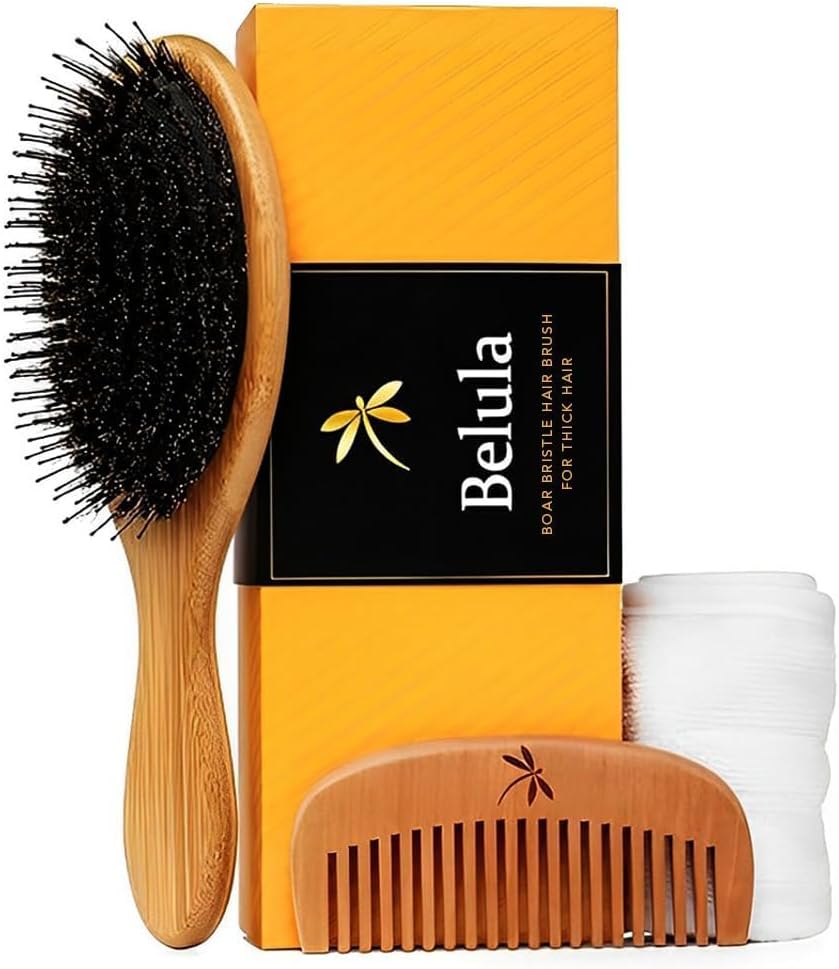 Premium Boar Bristle Hair Brush for Thick Hair Set. Hairbrush for Women With Thick, Long or Curly Hair. Restores Hair's Shine and Health. Comb, Travel Bag & Spa Headband Included