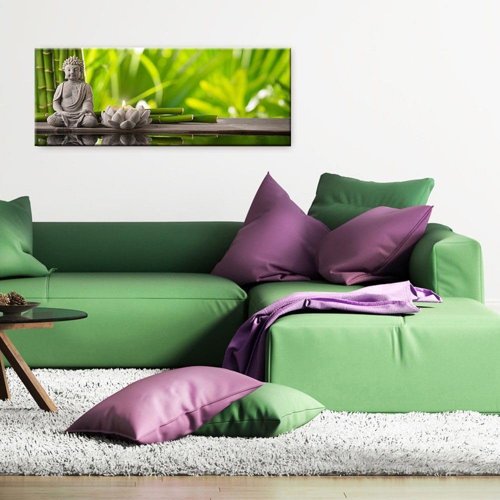 artissimo Bild aus Glas 80x30 cm Zen Spa AG3442A – modernes Glasbild Buddha Wandbild Querformat, Wanddeko Wohnzimmer, grün, Wellness Yoga