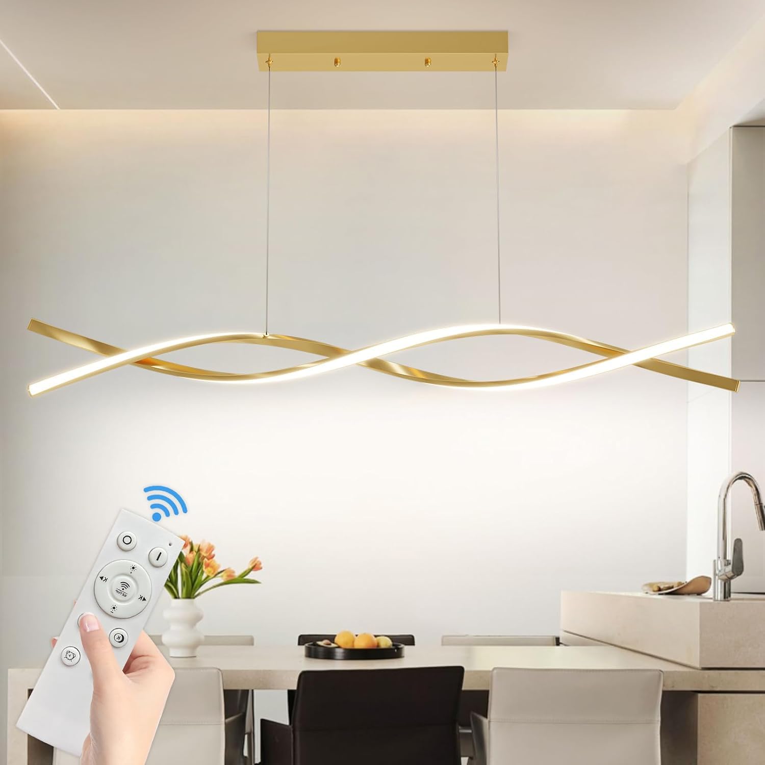 Mikeru Plafonnier LED pour salle à manger, 36W 100cm, Luminaires modernes pour îlot de cuisine, Suspension linéaire à intensité variable avec télécommande, Hauteur réglable de 150cm, Réglage de la