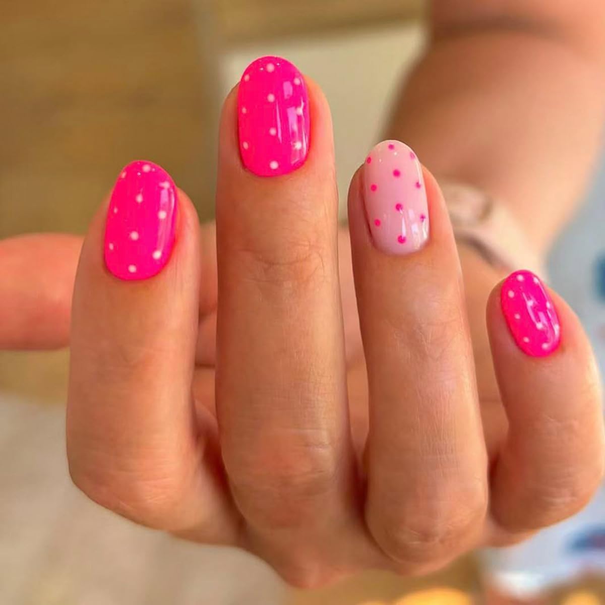 24 Pcs Rose Pink Press on Nails Short Almond WLGDLH Fake Nails Press ons Nail Art Tips with Cute Polka Dots Design Glue on Nails Acrylic False Nails Full Cover Oval Stick on Nail for Women Manicure